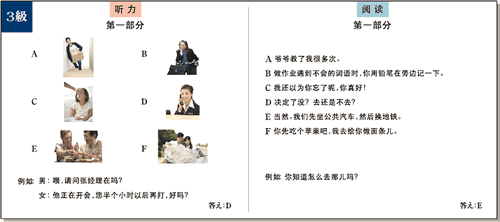HSK筆記3級の実際の問題例の一部